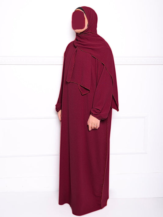 Abaya voile intégré couture dorée réversible en soie de médine - les merveilles de rahma