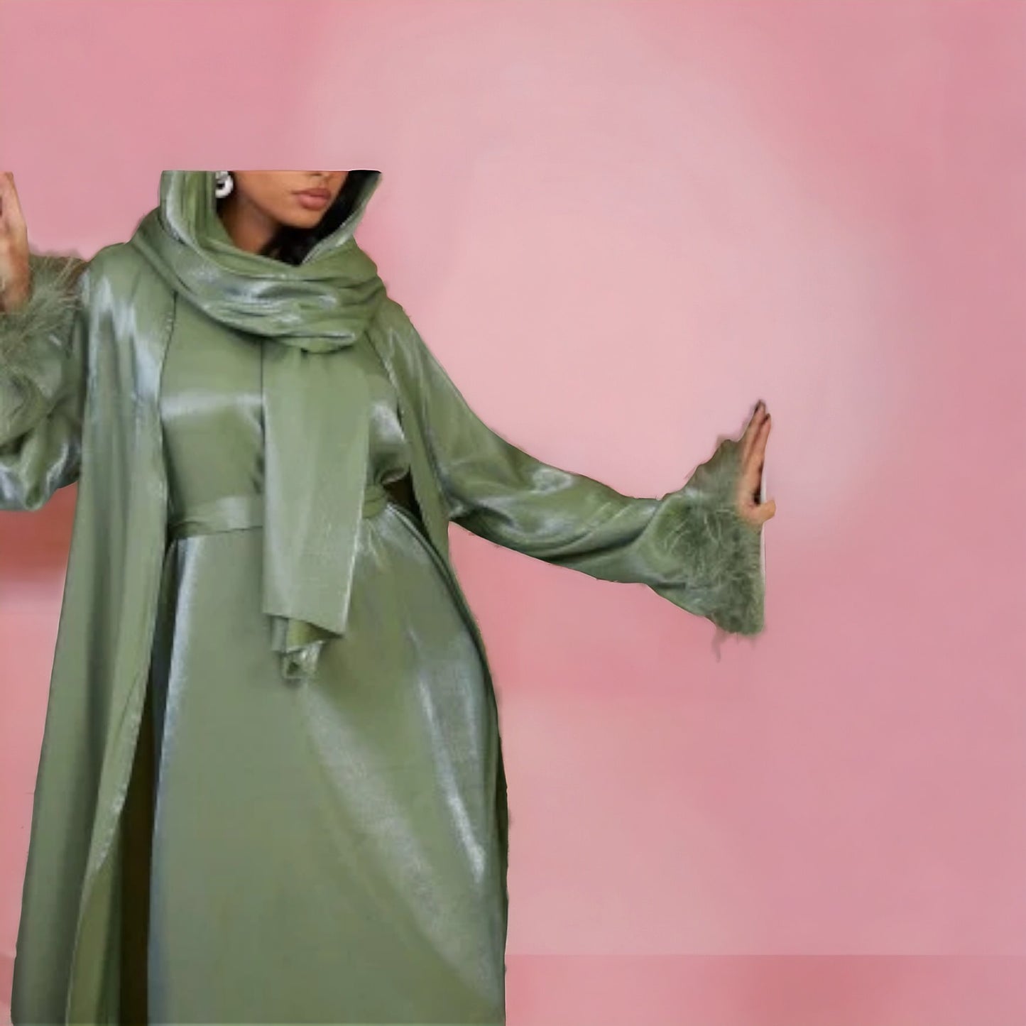 Ensemble 3 pièces abaya + kimono + voile satiné avec plume à la manches verte - les merveilles de rahma