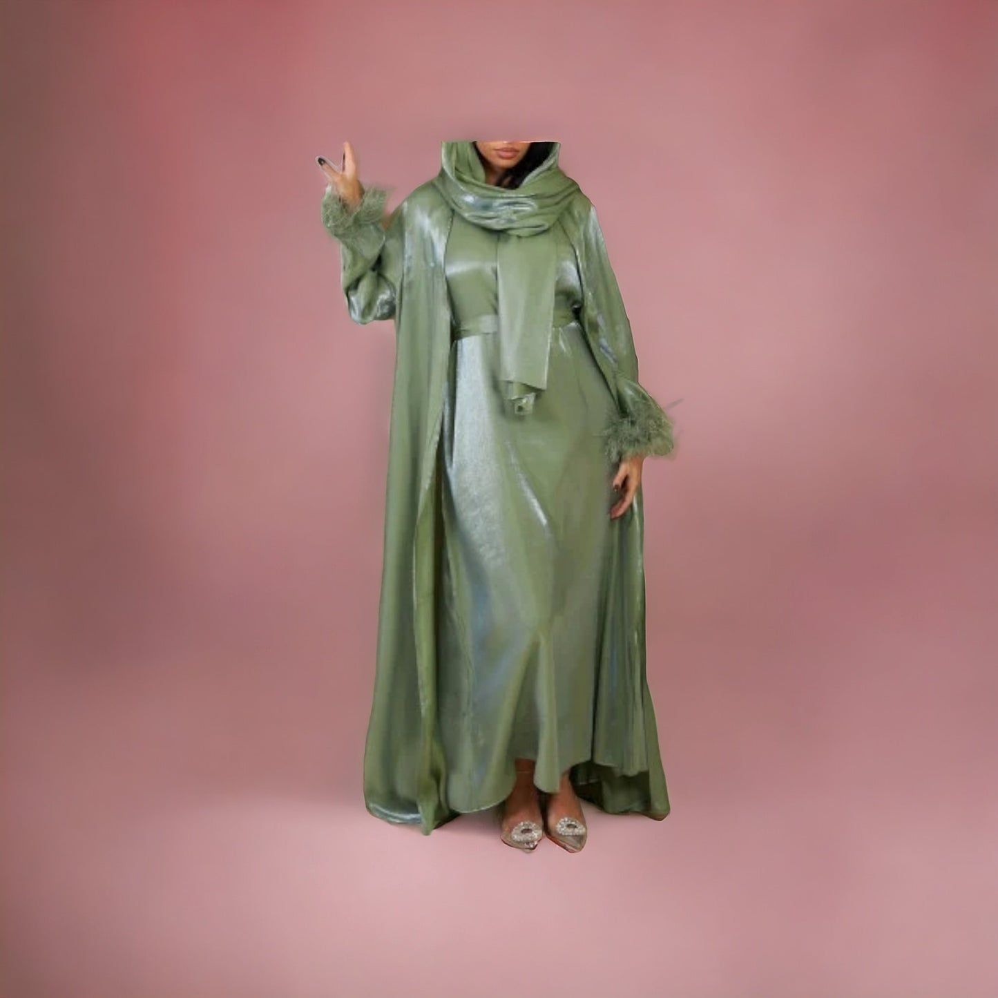 Ensemble 3 pièces abaya + kimono + voile satiné avec plume à la manches verte - les merveilles de rahma