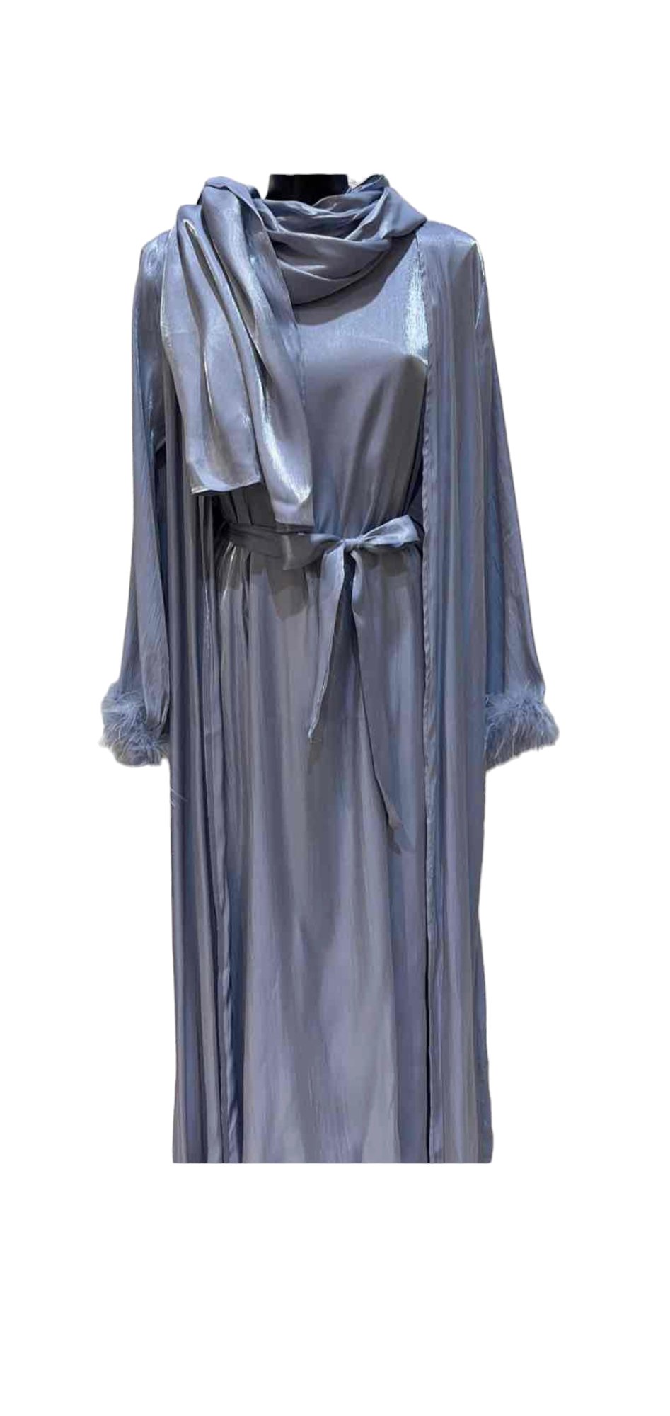 Ensemble 3 pièces abaya + kimono + voile satiné avec plumes au manches bleu - les merveilles de rahma