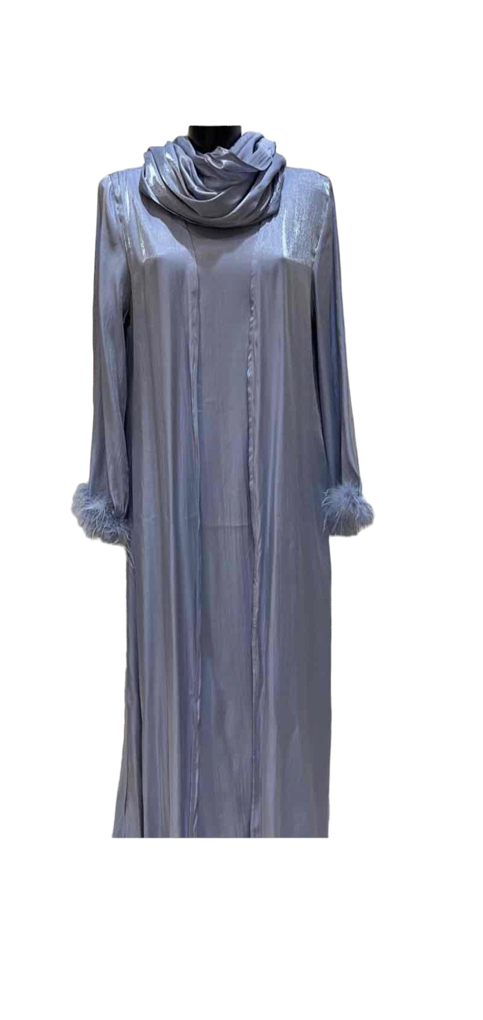 Ensemble 3 pièces abaya + kimono + voile satiné avec plumes au manches bleu - les merveilles de rahma