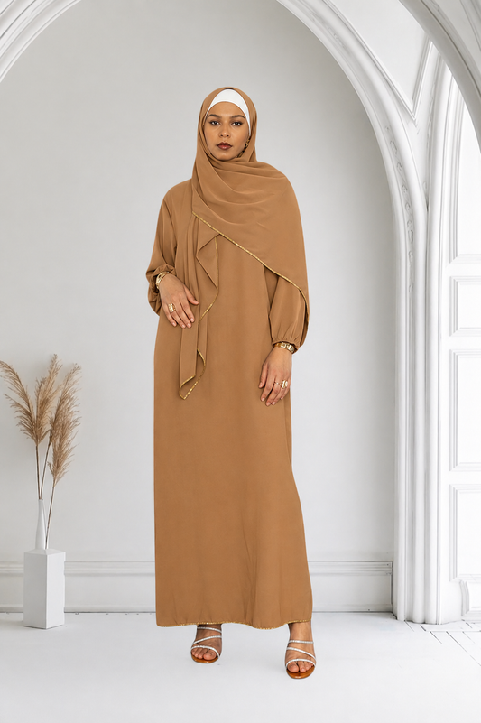 Abaya voile intégré couture dorée réversible en soie de medine les merveilles de rahma