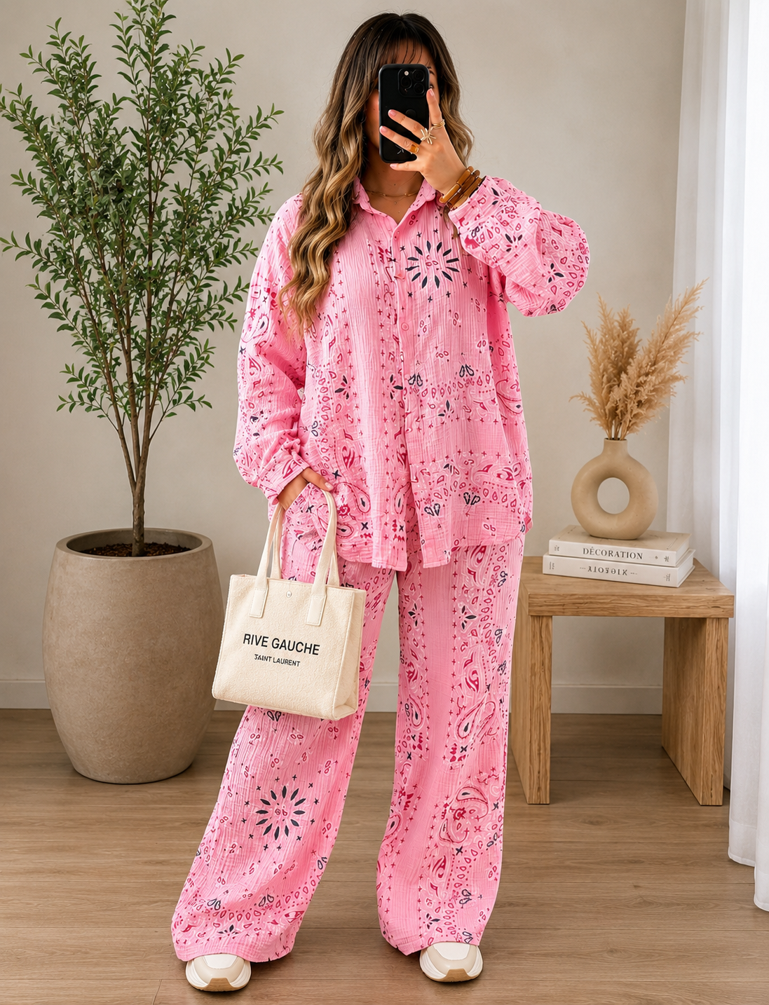 Ensemble bandana rose femme oversize – 100% coton – Taille unique 36 38 40 42 44 – Ensemble tendance été les merveilles de rahma
