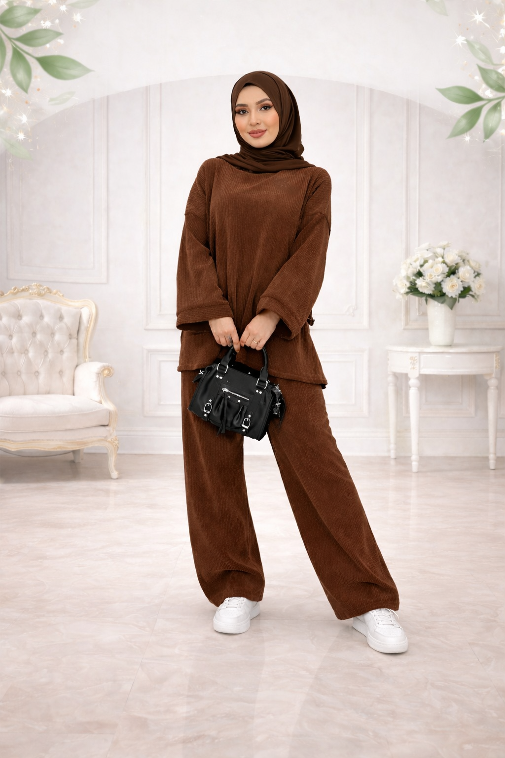 Ensemble " Émeraude Élégance "- Vert Sapin Côtelé. les merveilles de rahma