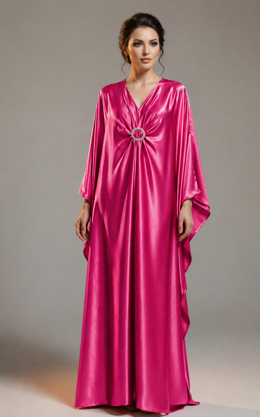 Abaya satiné broche fushia les merveilles de rahma