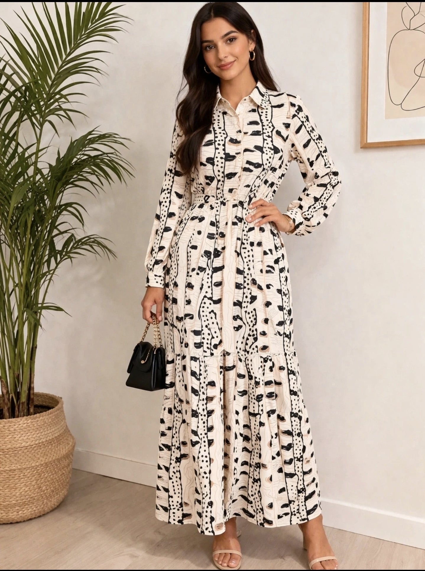 ✨ Robe longue chemise imprimée – Noir & Blanc les merveilles de rahma