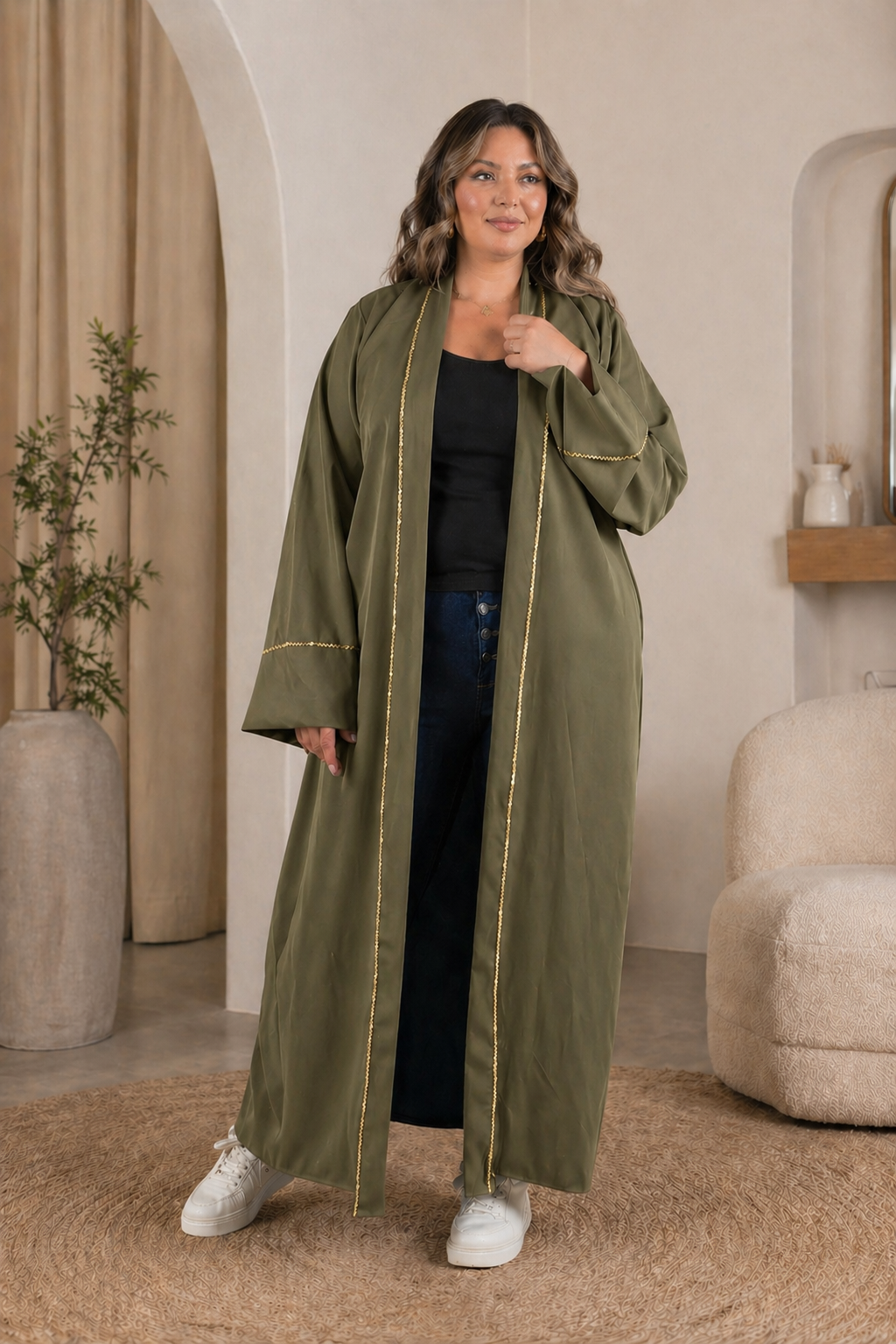 Kimono long manches large avec couture doré tissu bi stretch epais (collections automne) les merveilles de rahma