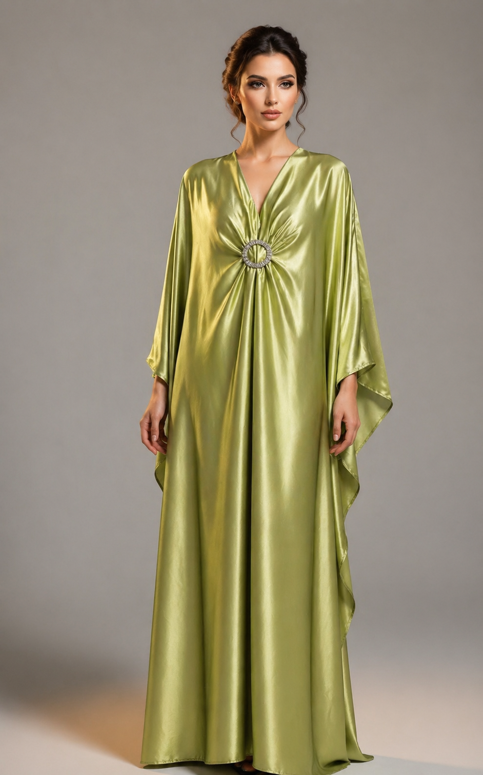 Abaya satiné broche vert anis les merveilles de rahma