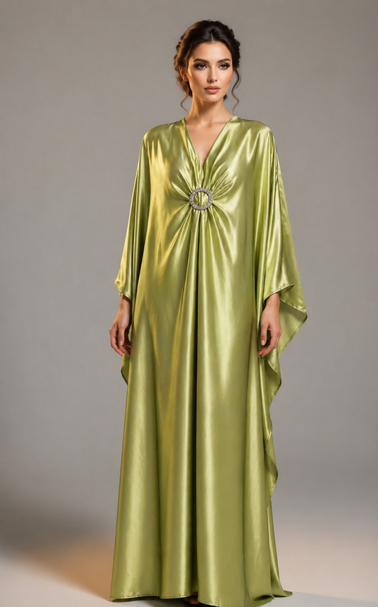 Abaya satiné broche vert anis les merveilles de rahma