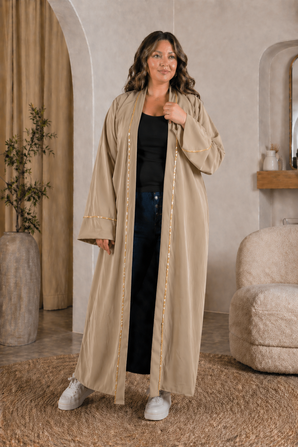 Kimono long manches large avec couture doré tissu bi stretch epais (collections automne) les merveilles de rahma