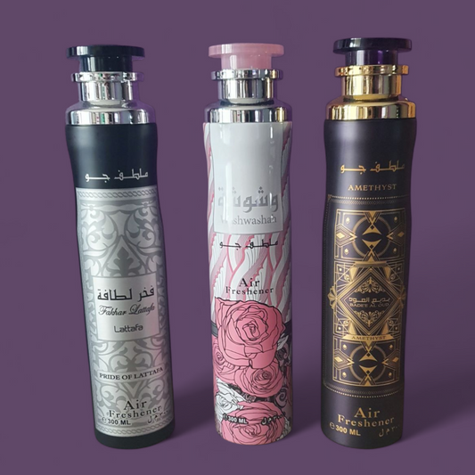 Lot de 3 Air Fresheners Lattafa-Fakhar ; washwashah & Amethyst - 300ml chacun ...