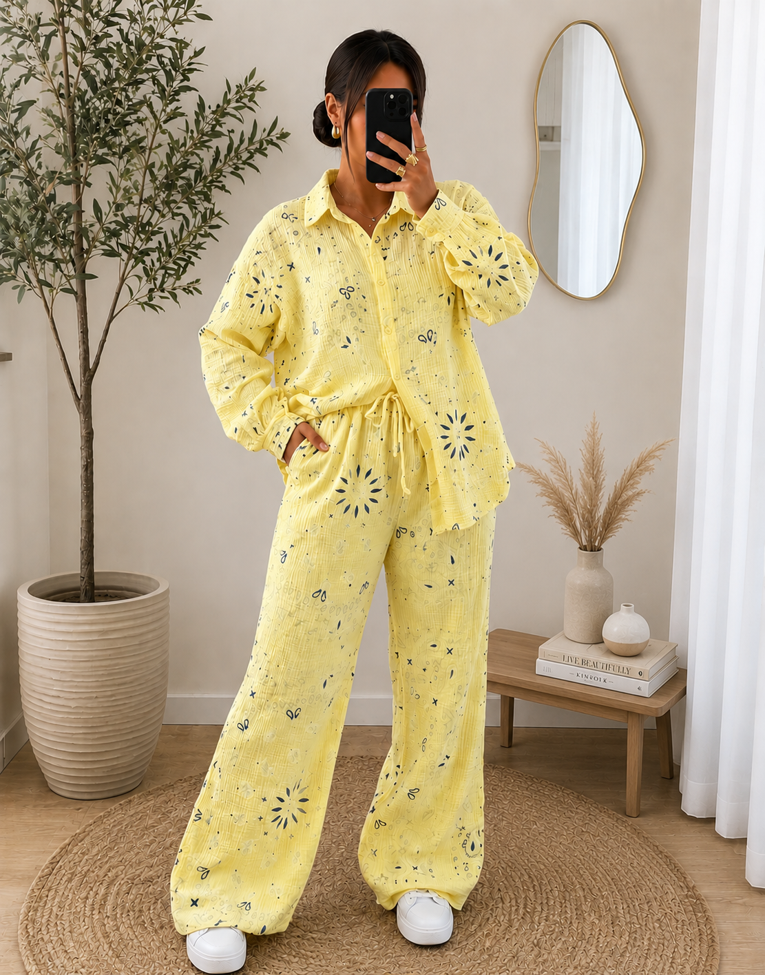 Ensemble bandana jaune femme oversize – 100% coton – Taille unique 36 38 40 42 44 – Tenue tendance été les merveilles de rahma